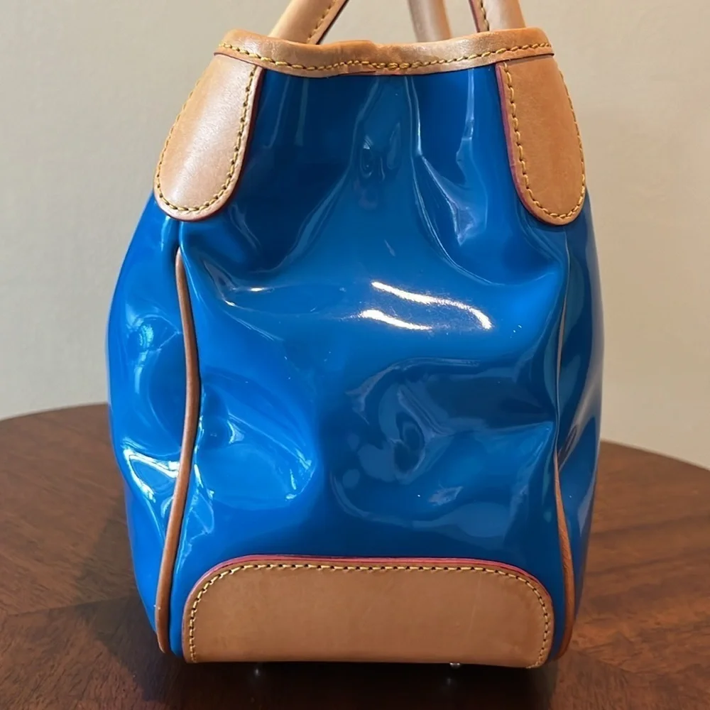 Dooney & Bourke  Satchel  Royal blue coated canvas/ tan leather trim   Like New